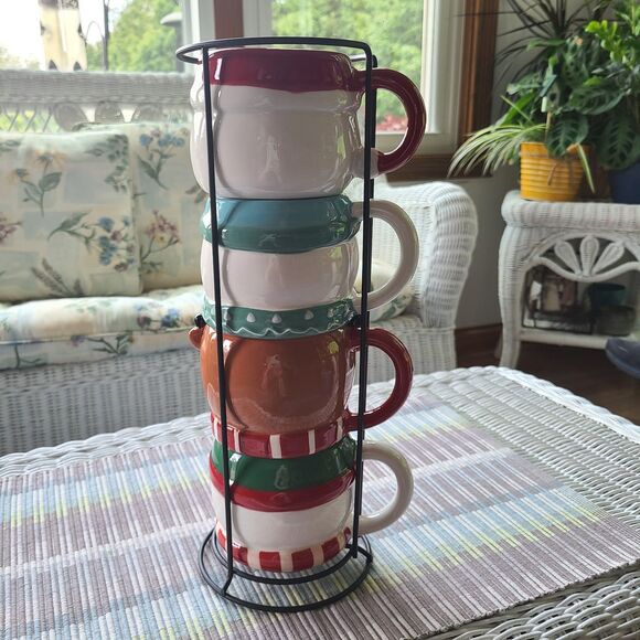 Holiday Time Santa Snowman & Reindeer Mix Stackable Stoneware Mug Set Metal Rack - Picture 7 of 10